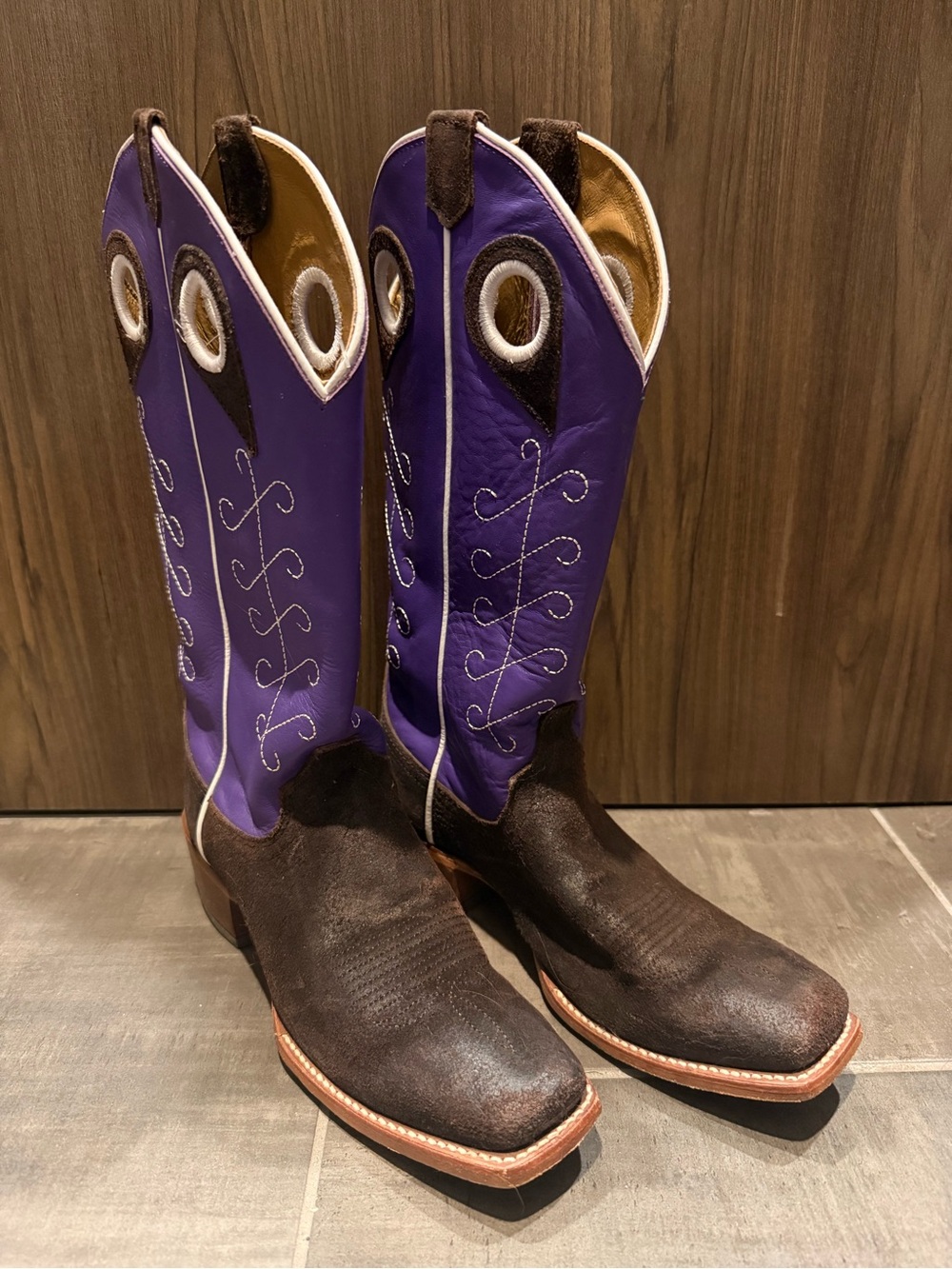 Justin Boots Brown Foot with Purple Shaft Western Boots